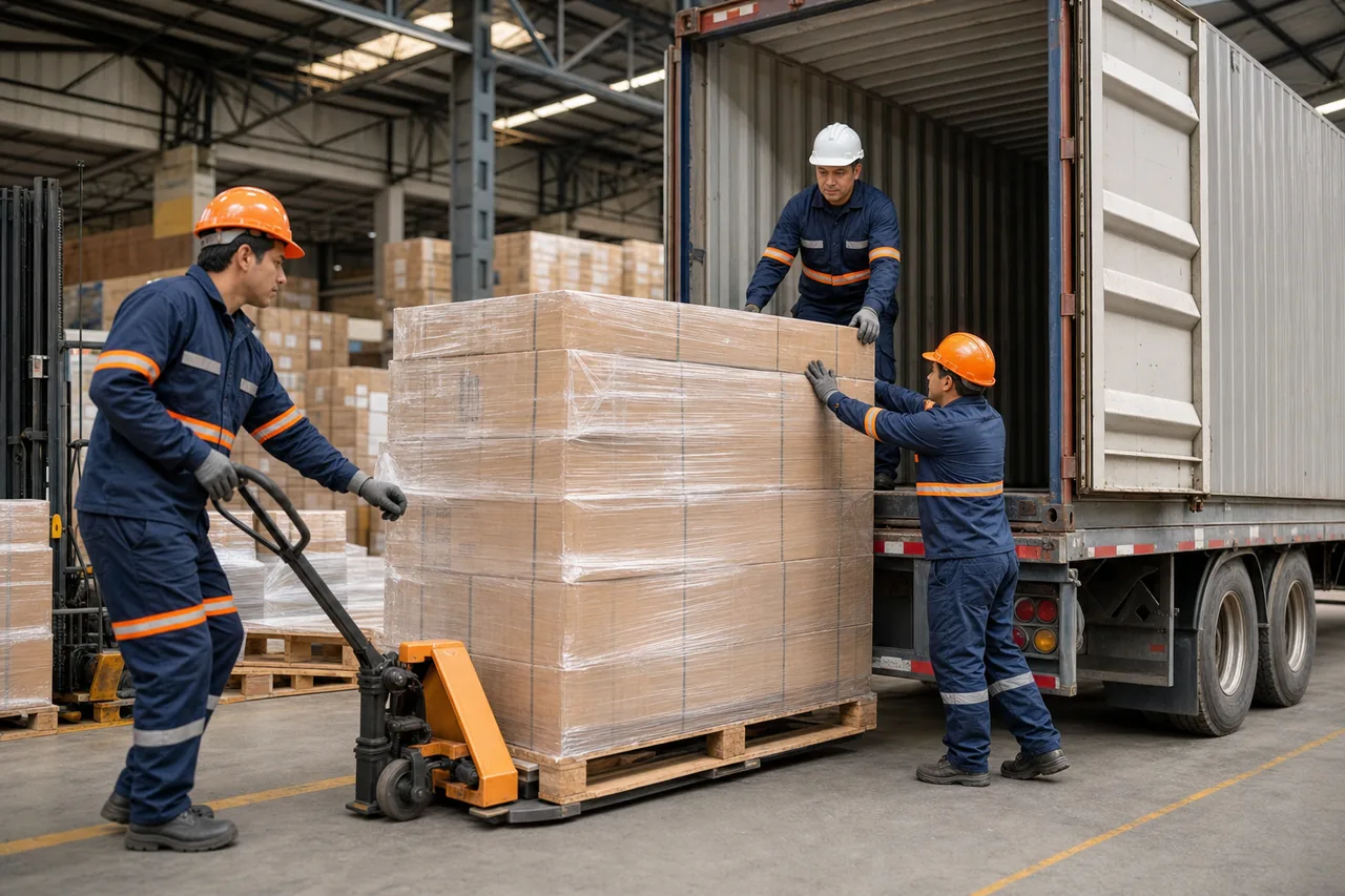 Equipo de estibadores organizando la descarga segura de mercadería en un almacén