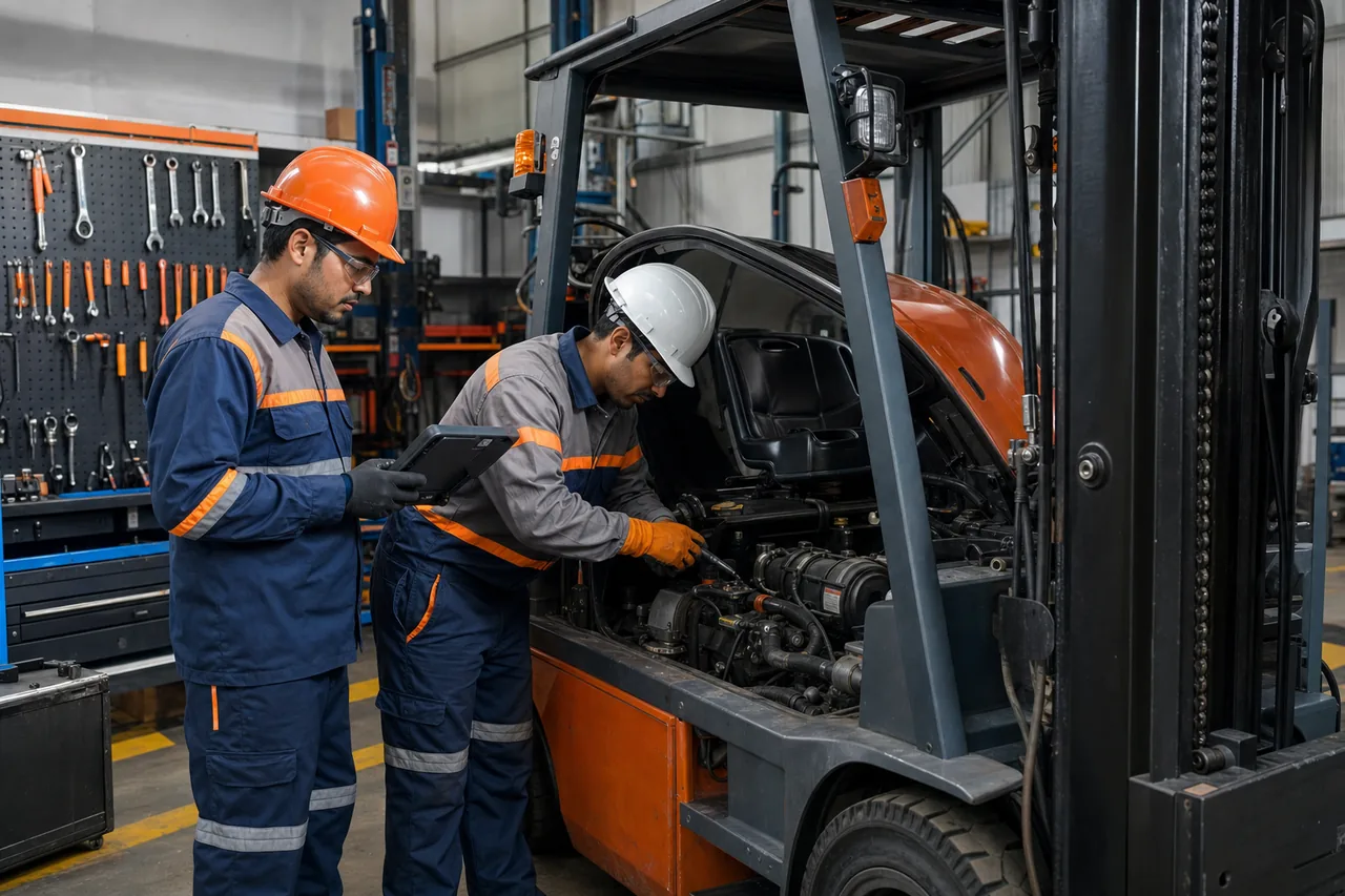Mecánicos realizando el diagnóstico y mantenimiento de un montacargas
