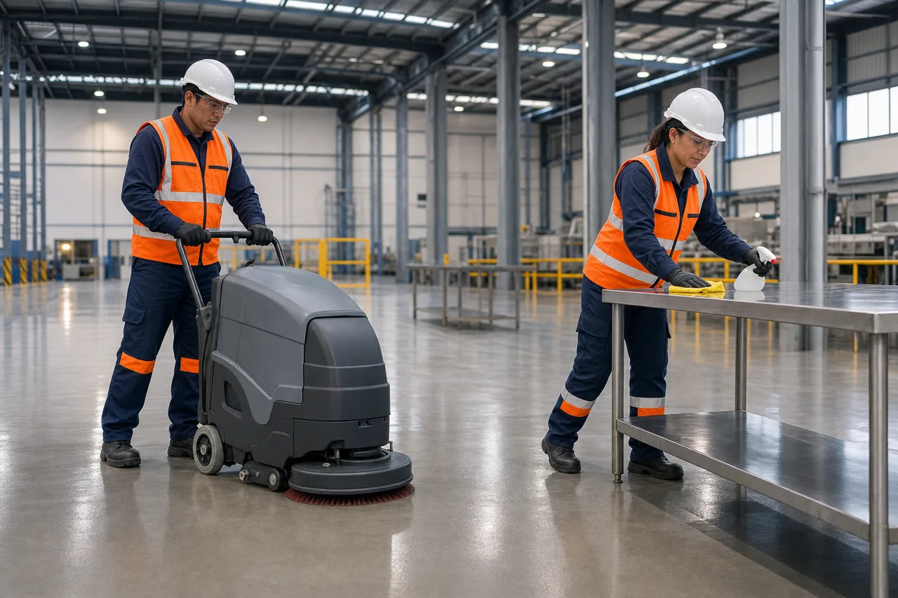 Personal de limpieza industrial utilizando equipos profesionales y elementos de protección personal