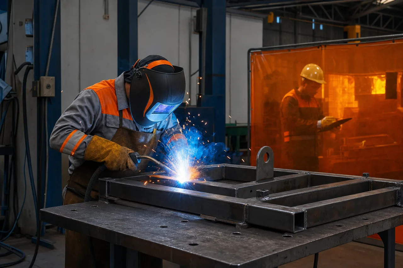 Soldador industrial trabajando una estructura metálica con protección completa